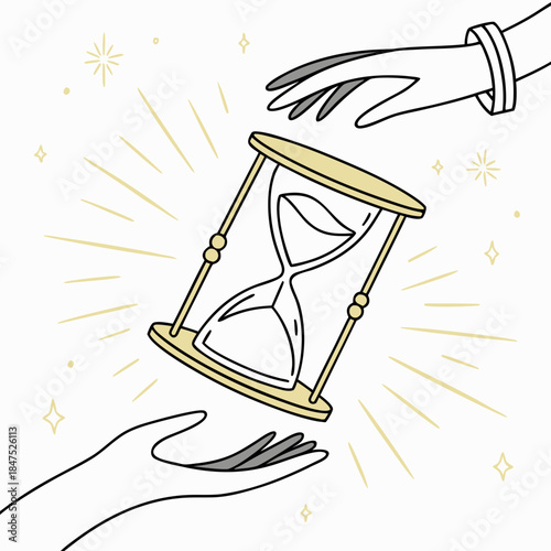Hourglass floating between two glowing hands white background