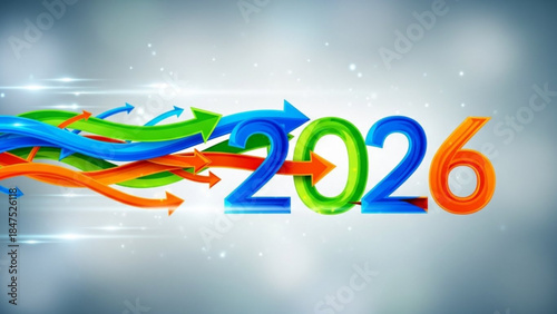 Vibrant 3d illustration of 2026 with colorful arrows on metallic background, symbolizing progress and future growth in business and technology