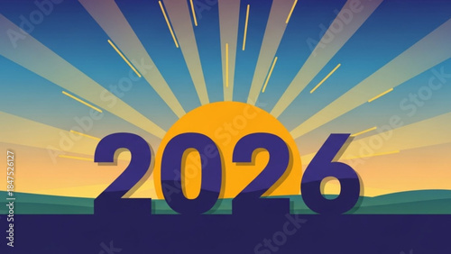 Vibrant sunrise with sun rays and 2026 text on a serene landscape