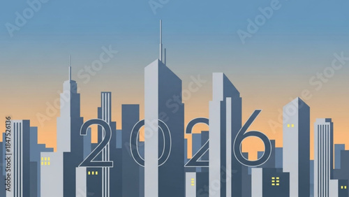 Modern cityscape with tall buildings and 2026 text overlay at sunset