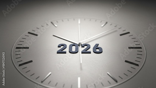 Close up of a clock face showing the year 2026 with hands at nearly twelve o'clock on a gray background with subtle gradient lighting effects