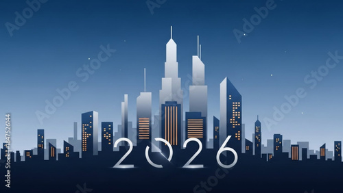 A futuristic city skyline at dusk with lit skyscrapers and a dark blue gradient background, displaying the year 2026 in large white numbers, urban landscape with modern