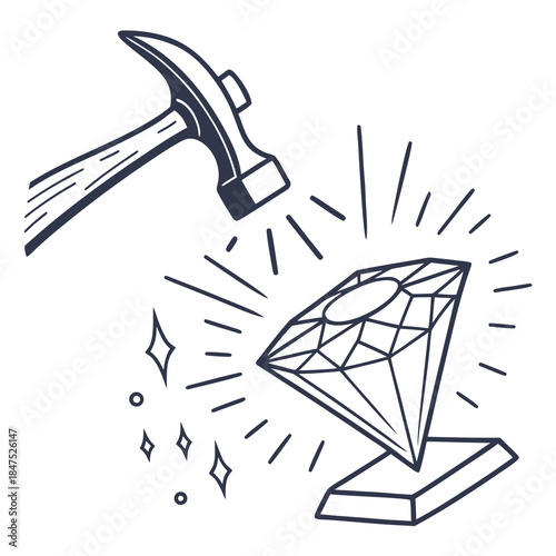 Hammer hitting diamond on stand with sparks stone beam of light