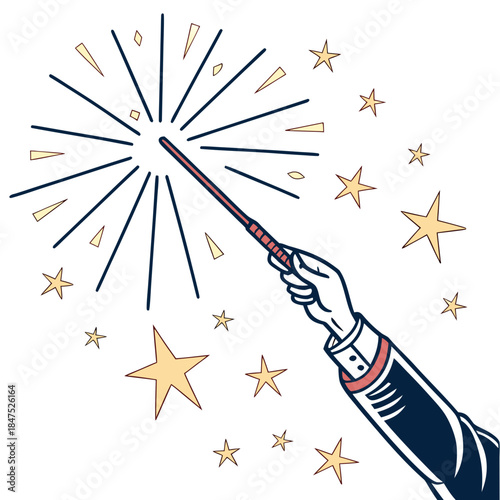 Hand holding magic wand with energy beam and stars
