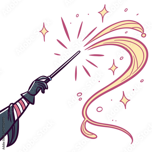 Magic wand casting yellow energy beam with pink sparks