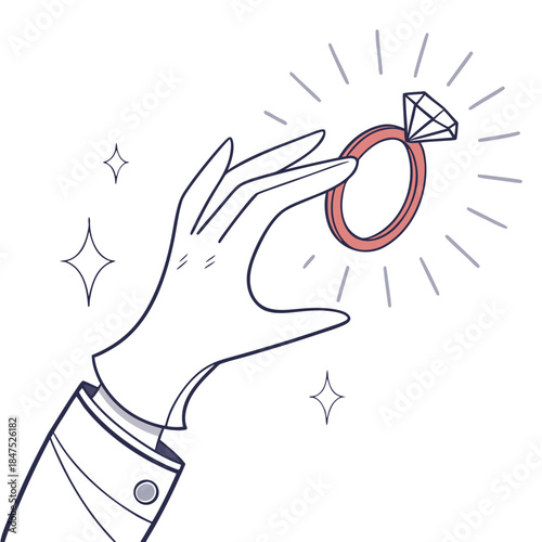 White gloved hand holding sparkling diamond ring red ring