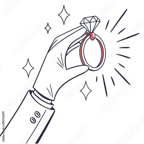 White gloved hand holding large diamond ring with red interior