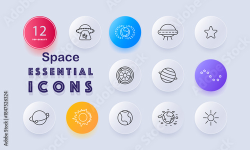 Space set icon. Flying saucer, orbit path, spaceship, star shape, radar ring, planet ring, galaxy cluster, solar body, Earth, surface lines, stellar patterns, sunlight