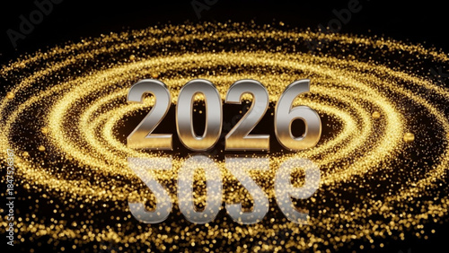 Shiny gold 2026 text with sparkling circular background and reflection