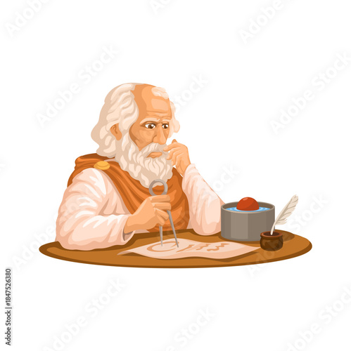 Ancient Greek Philosopher Archimedes Thinking and Writing Illustration Vector Isolated on White Background