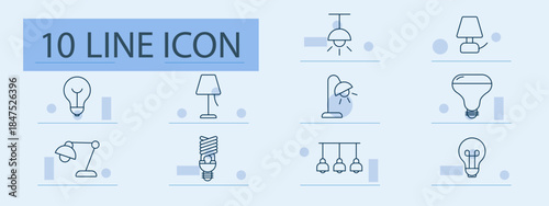 Lighting set icon. Bulb, lamp, ceiling, desk light, floor lamp, chandelier, smart bulb, spotlight, energy, illumination, decor, electricity, modern, home, interior, minimal, room