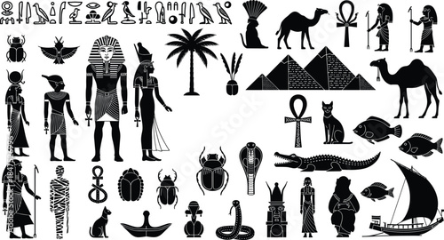 Ancient Egyptian culture and civilization silhouette set, collection of pharaohs, pyramids, gods, hieroglyphs, animals, and historical elements vector icons, isolated.