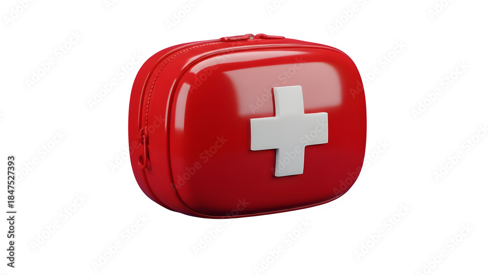 Fototapeta premium 3D Red First Aid Kit Bag - Emergency Medical Case, Healthcare Survival, Safety Pouch, Rescue Equipment, Travel Medicine & Doctor Aid