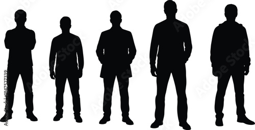 Black silhouette vector set of five men standing in different poses, including business and casual attire, representing male diversity, professionalism, and confidence isolated on white.