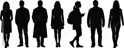 Black silhouette vector set of diverse people, including men and women standing, walking, and wearing a coat or backpack, isolated on a white background, representing anonymity and crowd.