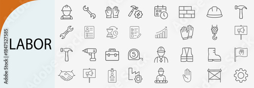 Collection of various construction tools and worker icons. The image showcases a diverse range of items essential for construction activities