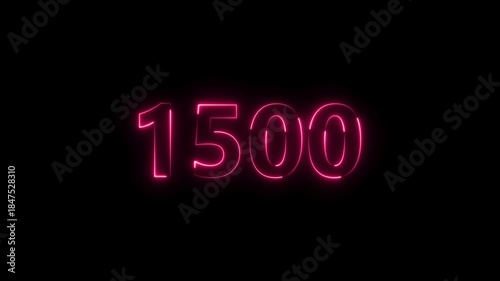 Number 1500 neon bright magenta red color animation 4k video.