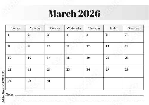 March 2026 monthly calendar vector design with a clean, well-structured grid layout