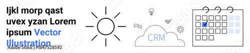 Business planning, time management, cloud technology, CRM platforms, productivity tools, and scheduling. Features a calendar, cloud icon with CRM text and a sun symbol. Time management and CRM