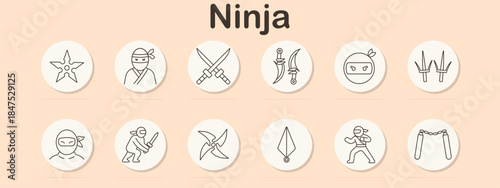 Ninja set icon. Shuriken, masked warrior, swords, daggers, headband, sai, pose, fighting, star blade, kunai, stance, nunchaku.