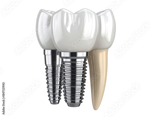 Anatomical render showing dental implants and a natural tooth