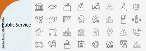 Collection of public service related line icons, emphasizing essential governmental and community resources