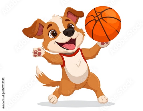 Animated brown and white dog holding a basketball with a red tank top