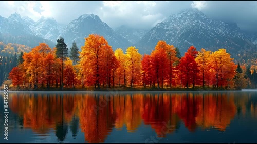 Vibrant Autumn Forest Reflected in Serene Lake with Distant Mountains.