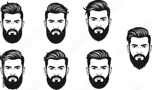 Bearded male face variations, hairstyle comparison, character design sheet, facial feature illustration, vector art, stylish men, identity concept