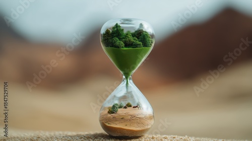 Hourglass showing lush green miniature forest flowing into cracked, arid desertvisual metaphor for time running out, ecosystem loss and urgent action on climate change