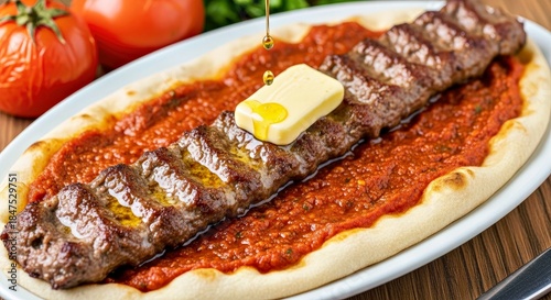 Vivid High Impact Commercial Shot Iskender Kebab Glistening Butter Turkish Meat