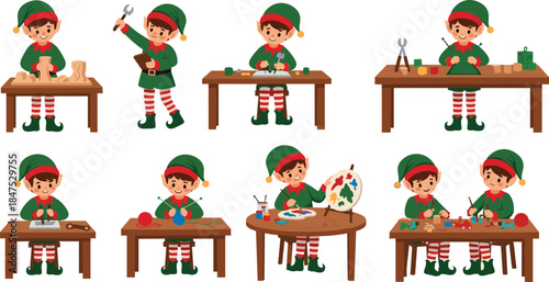 Christmas elf kids crafting toys and holiday workshop activities cute cartoon illustration set for festive education creativity winter celebration childrens art projects and play
