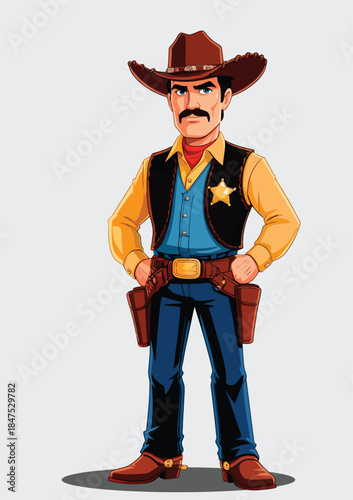 055-40-Cartoon sheriff character standing with hands on gun belt, featuring a mustache and cowboy hat