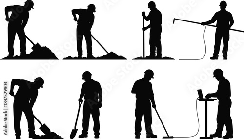 Construction worker silhouettes showing digging, surveying, measuring, and inspection tasks, industrial labor workflow, engineering tools, safety concept, teamwork isolated on white background, 