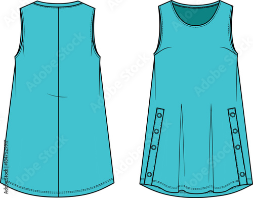 Teal sleeveless tunic dress technical flat sketch with front pleat and button details, A-line vector illustration.