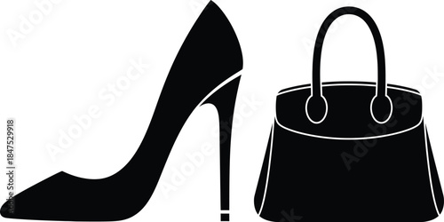 Black silhouette of a heel shoe and a handbag on white background Keywords: silhouette, heel, shoe