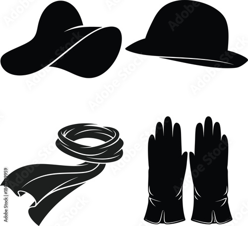 Black silhouette of wide brim hat fedora scarf and gloves