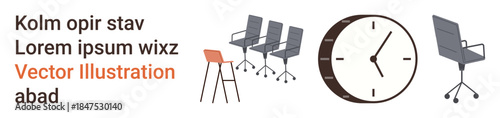 Workplace organization, office furniture, time management, modern interiors, corporate settings, scheduling concepts. Office chairs and a clock displayed in a minimal layout. Office furniture