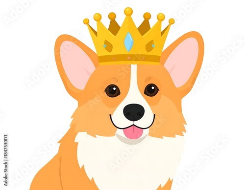 Animated corgi dog wearing a golden crown, smiling with tongue out