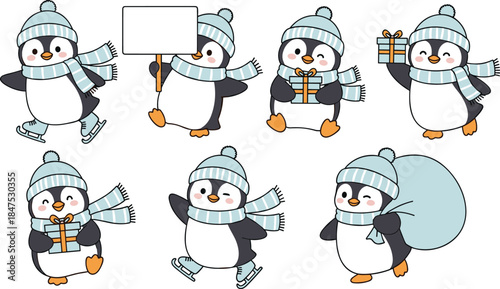 Cute winter penguin character set, playful cartoon illustration collection, penguins ice skating, gift holding, holiday season design, children book, festive artwork