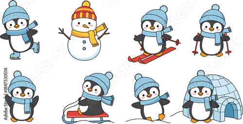 Cute winter penguin illustration set, cartoon penguins skating skiing sledding snowman igloo activities, festive holiday characters, kids friendly design, cold season wildlife art