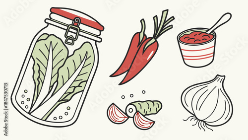 Homemade kimchi fermentation process icons. Ingredients and equipment.