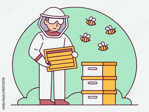 Beekeeper inspecting honeycomb frame. Apiary management and bee health check.