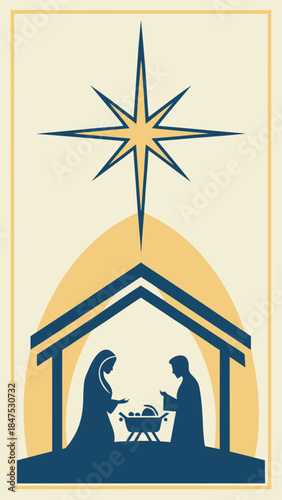 Modern minimalist nativity scene with geometric Holy Family and animals.