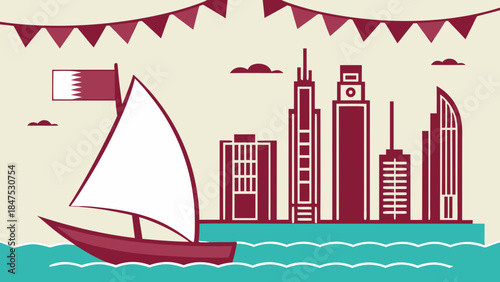 Qatar National Day with traditional dhow boat and modern Doha skyline.