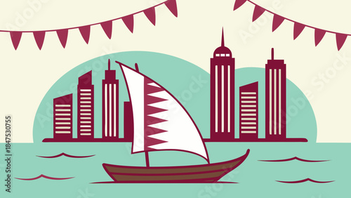Qatar National Day with traditional dhow boat and modern Doha skyline.