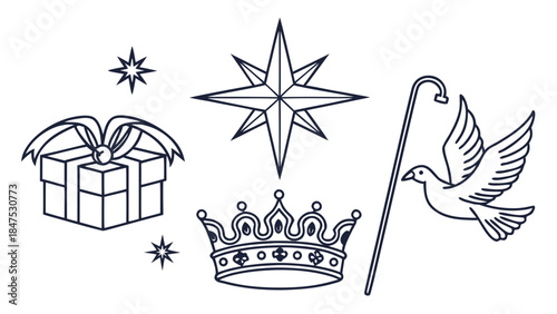 Elegant nativity symbol icons: star, crowns, crook, gift, dove.