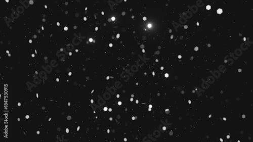 Endless Realistic 3D Render Winter Background. Seamless Footage, Twinkling Large and Small Sparkling Particles on Black. Professionally Designed Slow Motion Snowfall Loop.
