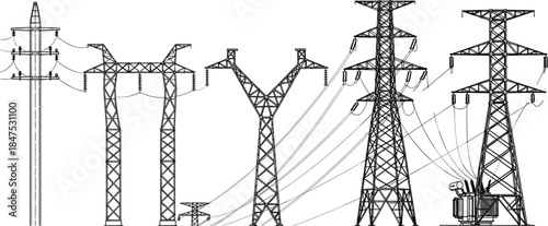 High voltage power transmission towers illustration, electric grid infrastructure with pylons, cables, transformer, energy distribution network, engineering line art vector