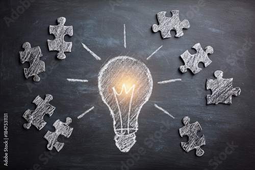 Illustration of a lightbulb drawn with chalk in the center of a dark chalkboard. Surrounding the bulb are jigsaw puzzle pieces